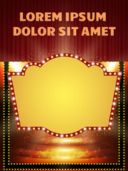 Poster Template banner with podium, curtain and spotlights.  Design for presentation, banner, concert, show