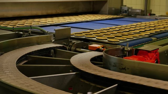 Industrial process of Empty Pies base pastries made from biscuits and butter on a conveyor belt in a bakery factory