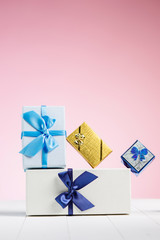 Gift box wrapped in recycled paper with ribbon bow