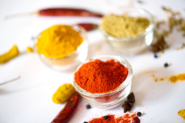 A close-up of three glass bowls filled with chili powder, turmeric powder, and coriander powder, surrounded by dried red chilies, black peppercorns, and turmeric roots on a white surface	
