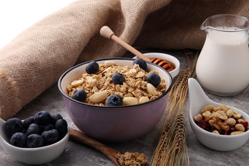 Oat flakes with milk, honey, blueberries, raspberries and nuts.