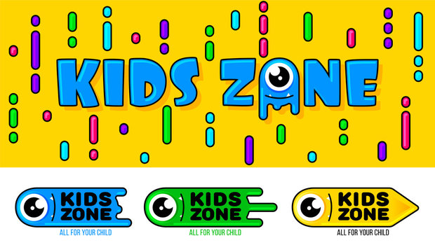 Kids Zone banner in cartoon style with a good jelly monster. for children's playroom decoration, Children Playground. Vector illustration.