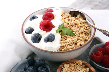 Bowl of homemade granola with yogurt and fresh berries