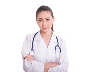 Fototapeta premium Portrait of Confident smiling Woman doctor posing at white background, healthcare concept, isolated on white background with clipping paths.