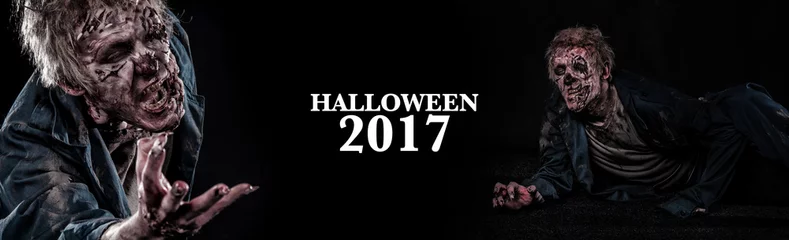Foto op Plexiglas Close-up portret van vreselijke zombie man. Verschrikking. Halloween-affiche met exemplaarruimte. © Yuliya Ochkan
