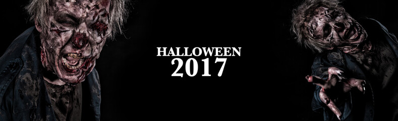 Close-up portrait of horrible zombie man. Horror. Halloween poster with copy space.