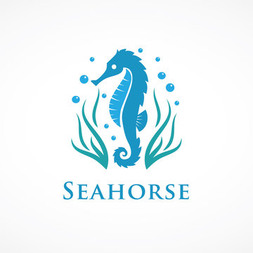 seahorse logo with seaweed and bubbles 