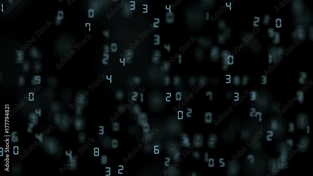 Poster blue numbers fly in space. depth of field. business background.seamless loop.