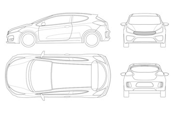 Sportcar or hatchback vehicle. SUV car set on outline, template for branding and advertising. Template vector isolated on white View front, rear, side, top