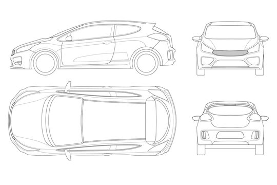 Sportcar or hatchback vehicle. SUV car set on outline, template for branding and advertising. Template vector isolated on white View front, rear, side, top