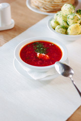 Beautiful ukranian borscht at cafe or restaurant.