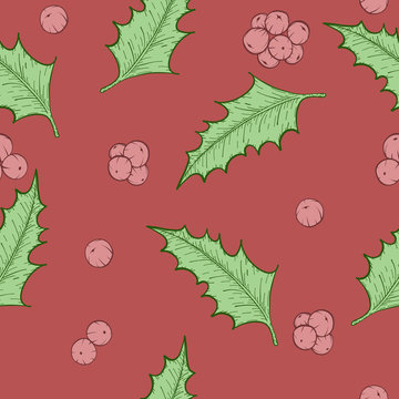 Holly leaves and berries by hand drawing.Holly leaf vector pattern on vintage background.Vector leaves art highly detailed in line art style.christmas seamless for wallpaper.