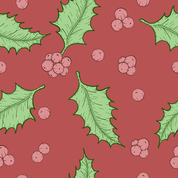 Holly leaves and berries by hand drawing.Holly leaf vector pattern on vintage background.Vector leaves art highly detailed in line art style.christmas seamless for wallpaper.