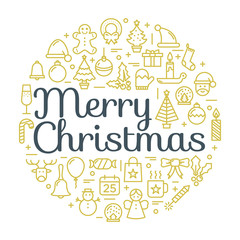 Merry Christmas for winter holidays greeting card. Merry Christmas logo. Merry Christmas typography and calligraphy. Christmas icons.