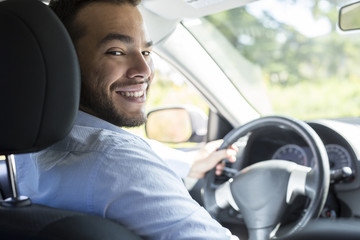 Closeup portrait, men on his new car