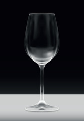 Vector realistic transparent empty vine glass on white table isolated on dark background