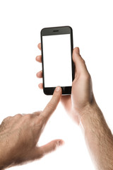 Hand holding Black Smartphone with blank screen on white background