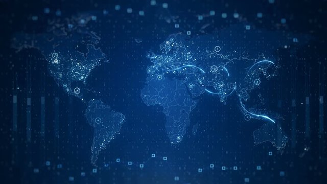 Blue Technological World Map with random chaotic figures and graphs, connections and visual effects. Animation is presented in HD resolution and perfect for any type of videos.