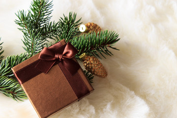 Christmas gift, Christmas box, Christmas background. Top view. Selective focus.