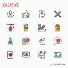Creative thin line icons set of idea, puzzle, color palette, brushes, creative vision, development design. Vector illustration of banner, web page, print media.