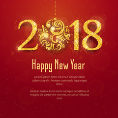 2018 Happy New Year and Merry Christmas Background with golden glitter numbers with Christmas ball on red background. Vector holiday design for your flyer banner and greeting cards