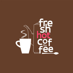 Coffee cup and coffee pot. Icon with the text. Vector illustration.