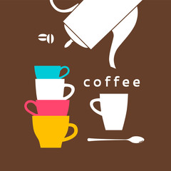 Coffee cups, a spoon, beans and a coffeepot. Vector illustration is cropped with a mask.