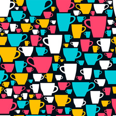 Seamless pattern with colored coffee cups. Vector illustration.