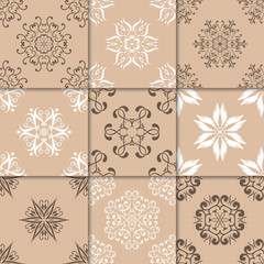 Brown beige floral ornaments. Collection of seamless patterns