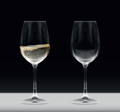 Vector realistic set of vine glasses - one empty and one full on white table isolated on black background - celebration, party, bar, anniversary