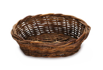 Empty wooden wicker basket isolated on white background