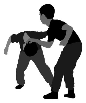 Two boys fighting vector silhouette. Two young brothers fighting vector silhouette illustration. Angry kid terror. Street hitting and punching after school.