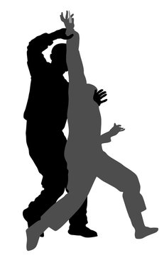 Self defense battle vector silhouette illustration. Man fighting against aggressor with knife. Krav maga demonstration in real situation. Combat for life against terrorist. Army skill in action.