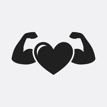Strong health icon, heart with muscle arms