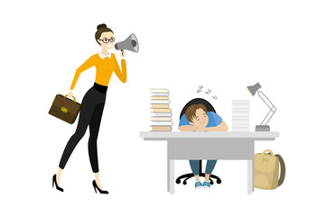 teacher screams into a megaphone and Tired teenager boy sleep