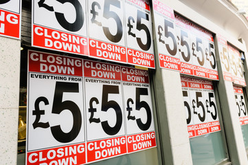 Signs advertising a Closing Down Sale - everything from £5