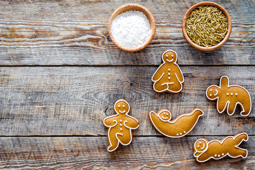 Make gluten free healthy food. Yoga asanas cookies near desk, flour and wheat on wooden background...