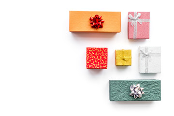 christmas and new year 2018 sales for presents in boxes white background top view space for text