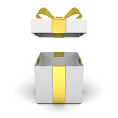 Open gift box , present box with lid and golden ribbon bow isolated on white background with shadow . 3D rendering.