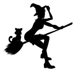 Silhouette Witch and Cat Flying On Broomstick
