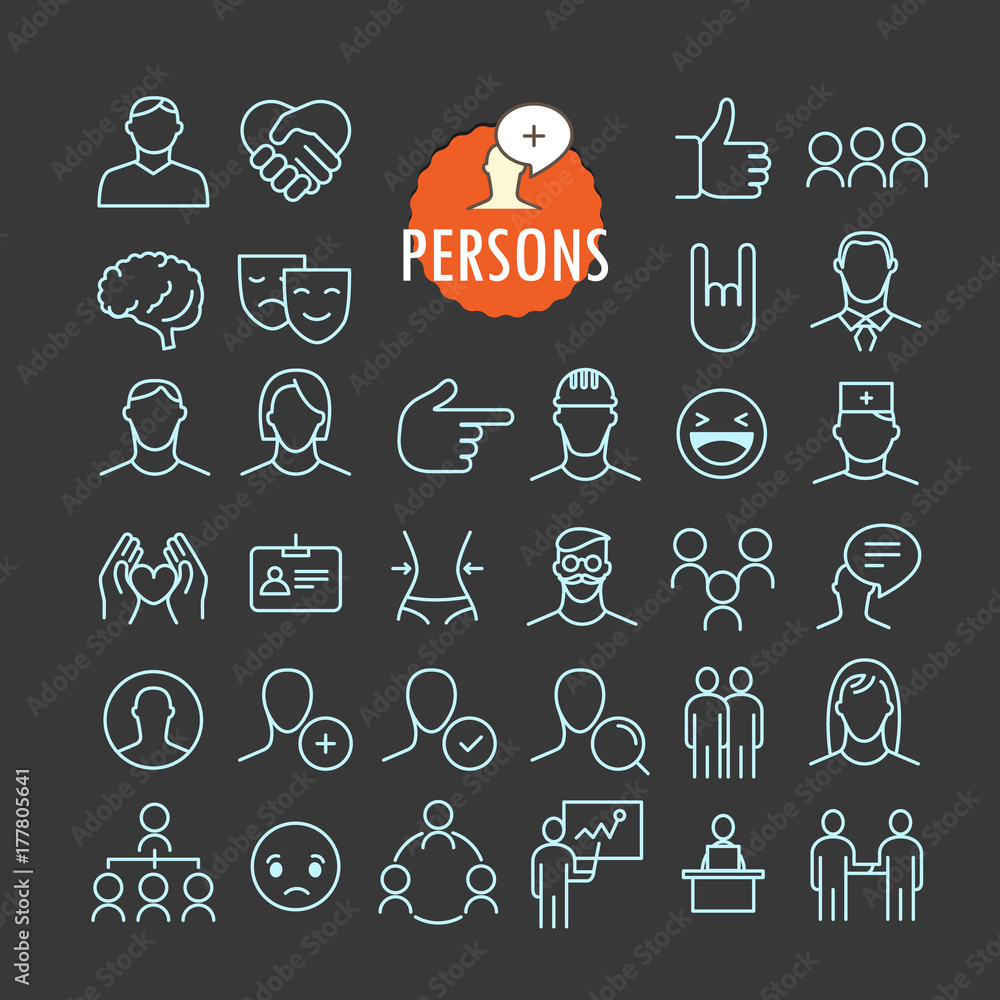 Poster Different person icons vector collection. Web and mobile app outline icons set on dark background