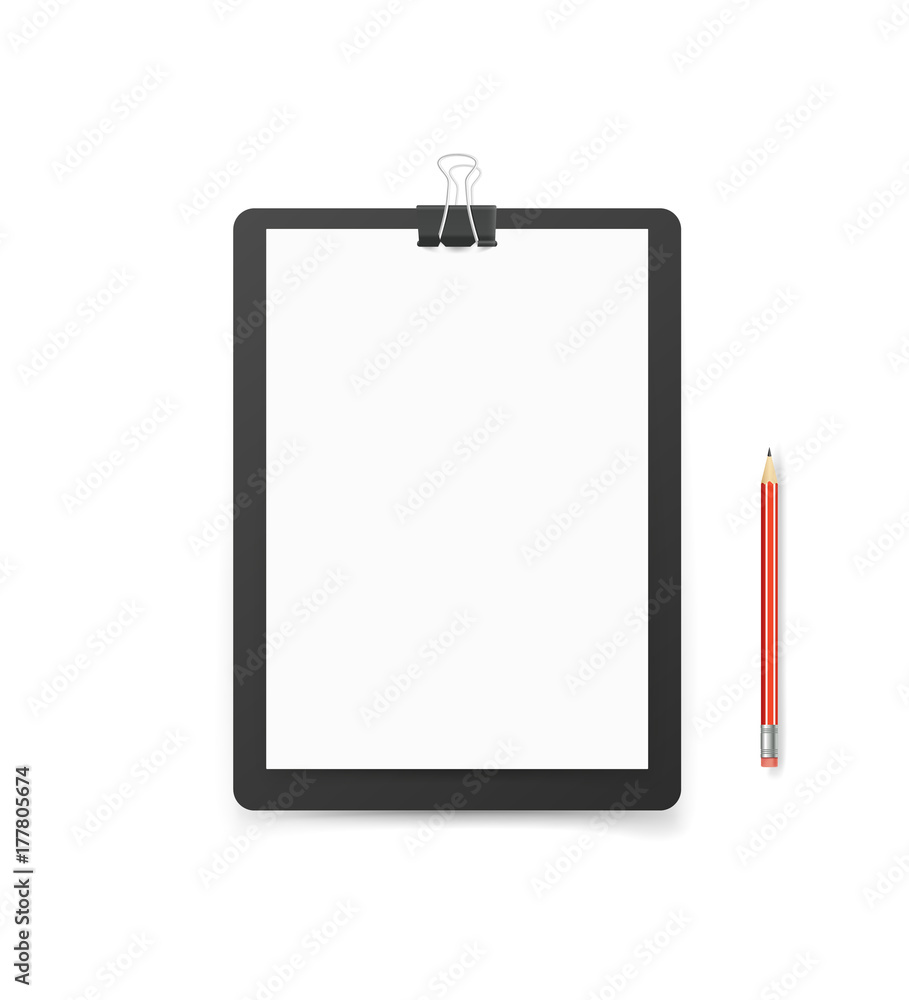 Poster Office folder with paper a4 format and pencil. Vector mock-up. Identity template