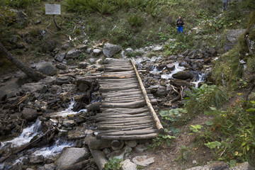 старый мост из бревен, переход через реку, лес