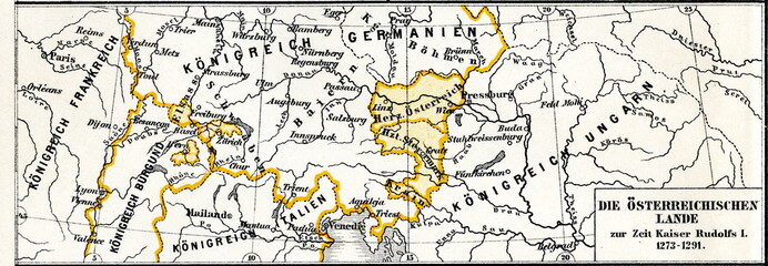 Fototapeta na wymiar History of Austro-Hungarian Empire - Austrian lands at time of Rudolf I of Germany, 1273-1291 (from Meyers Lexikon, 1896, 13/304/305)