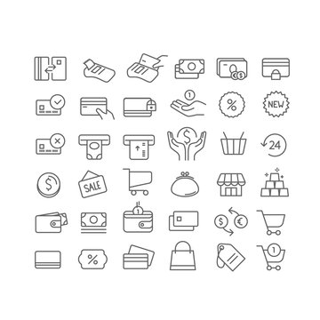 Simple set of line icons. Vector icons clipart isolated on white. Money, wallets, cards, coins etc