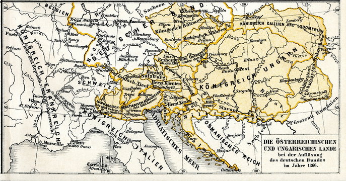 History of Austro-Hungarian Empire - Austrian and Hungarian lands in 1866, after Seven Weeks' War (from Meyers Lexikon, 1896, 13/304/305)
