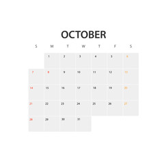 2018 year calendar template. October