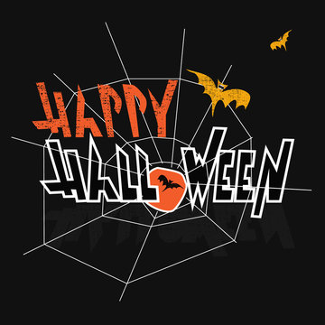 Happy Halloween. A frightened cat, a spider on a cobweb, a bat