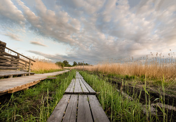 Ducboard path to the clouds. Beautifull cloudy landscape from Finland