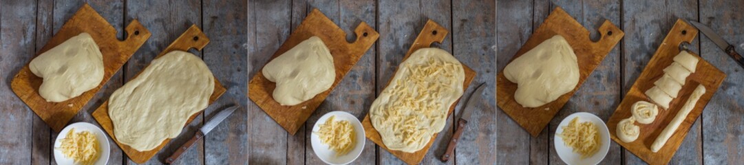 The cooking process: baking with cheese - cheese sticks (long buns)